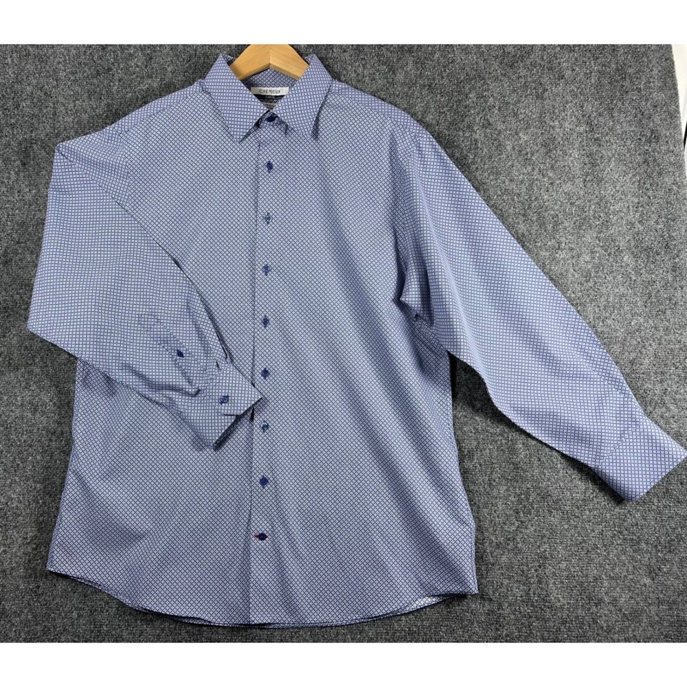 Cremieux Slim Fit Dress Shirt Blue White Geometric Pima Cotton Non-Iron 17.5 34